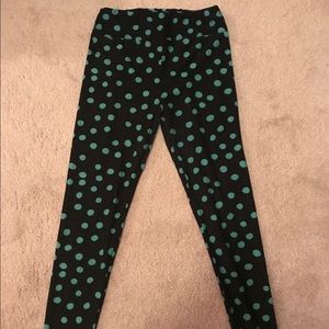 LulaRoe Leggings Black with turquoise polka dots